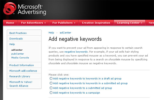 adCenter Negative Keywords