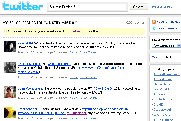 Justin Bieber Twitter Search - Notice how they keep rolling in 