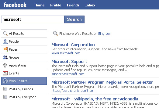 Bing search on Facebook