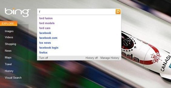Bing suggests queries based on history
