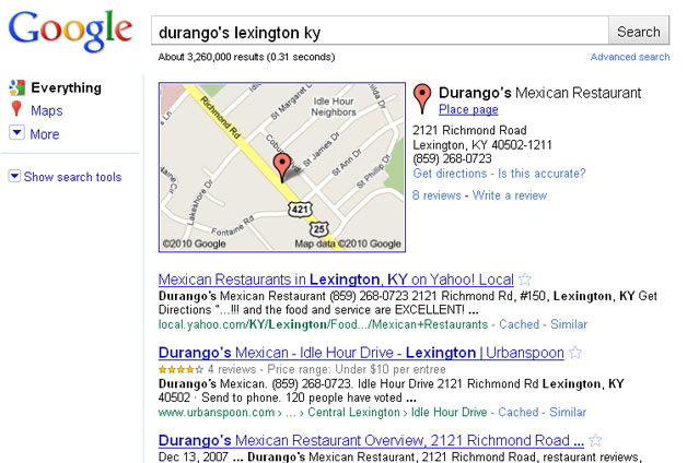 Durango's Search - Yelp Not Near the top, Place Pages are