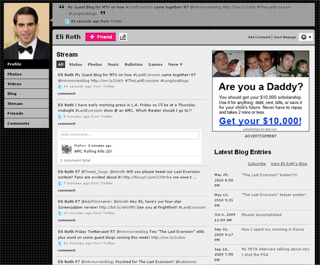 Eli Roth MySpace Profile with New Profile Design