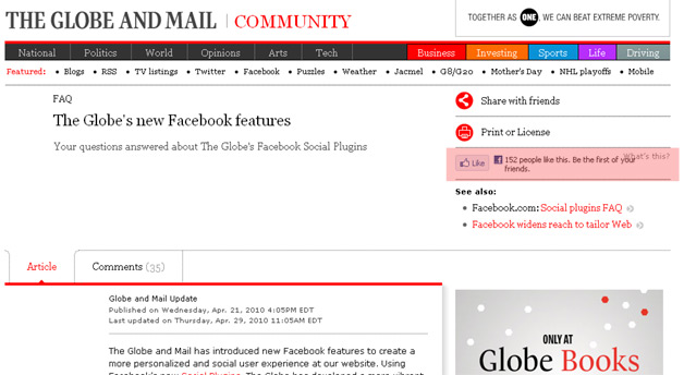 Globe and Mail use of Facebook Social Plugins to increase referrals