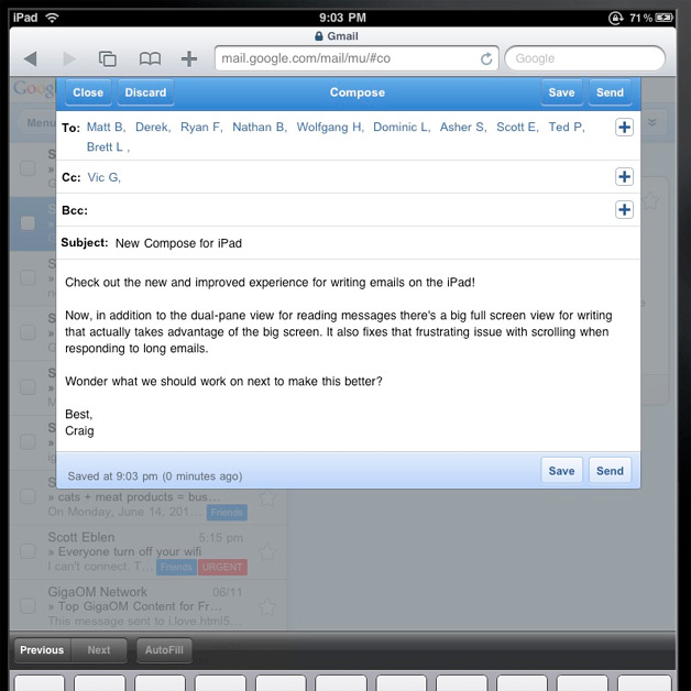 Compose interface for Gmail on the iPad