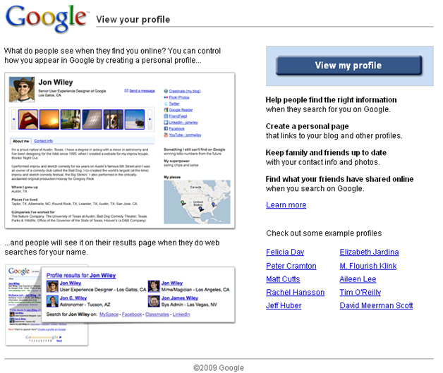 Google Profiles Home page