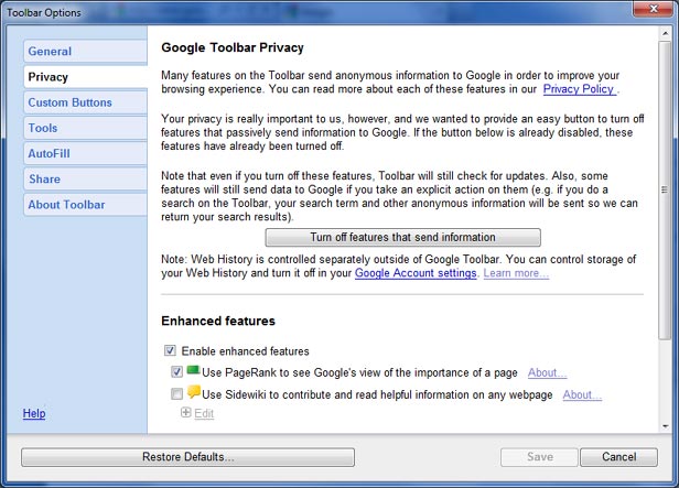 Google Toolbar Privacy Settings