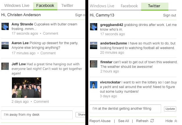 MSN - Facebook and Twitter Tabs