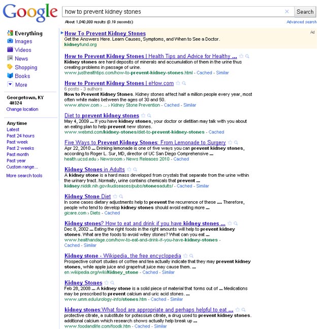 Prevent Kidney Stones query on Google - Quality results?