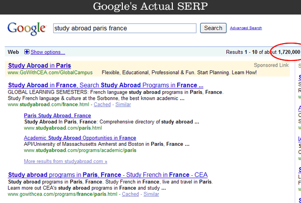 Google's real SERP for "study abroad paris france"