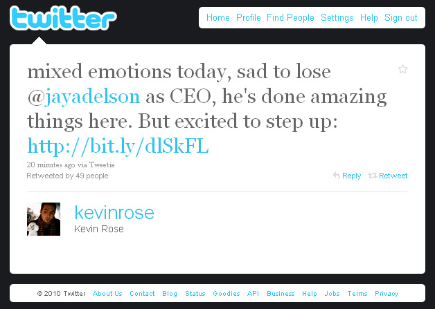 Kevin Rose tweets about Jay Adelson stepping down from Digg CEO position