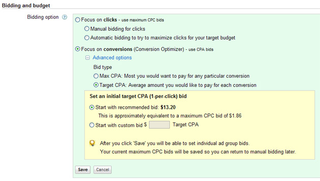 Google Conversion Optimizer - Target CPA bidding