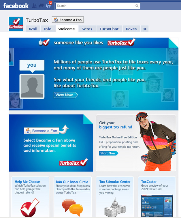 Intuit has a Turbotax Facebook page as part of its social media marketing strategy