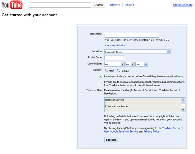 YouTube - Create an account - A Google Account