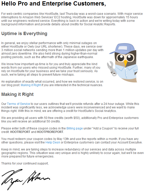 Hootsuite email about Amazaon outage